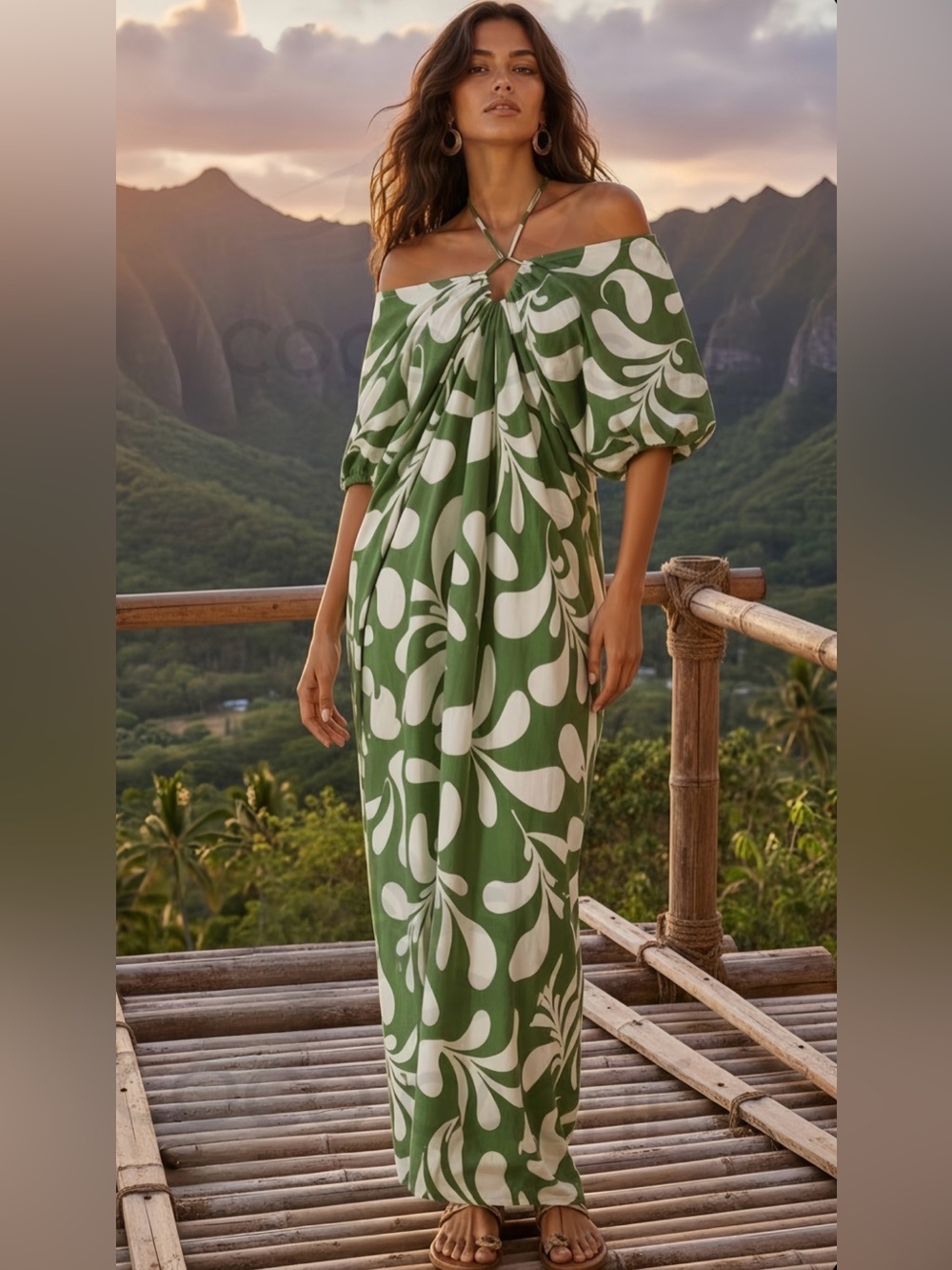 Hawaiin Loose Fit Tropical Print Off Shoulder Halter Neck Maxi Vacation Dress